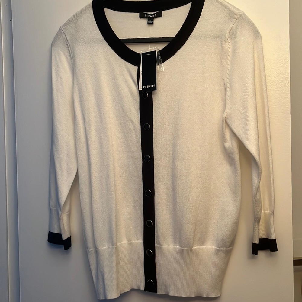 NWT White cardigan with black trim and buttons